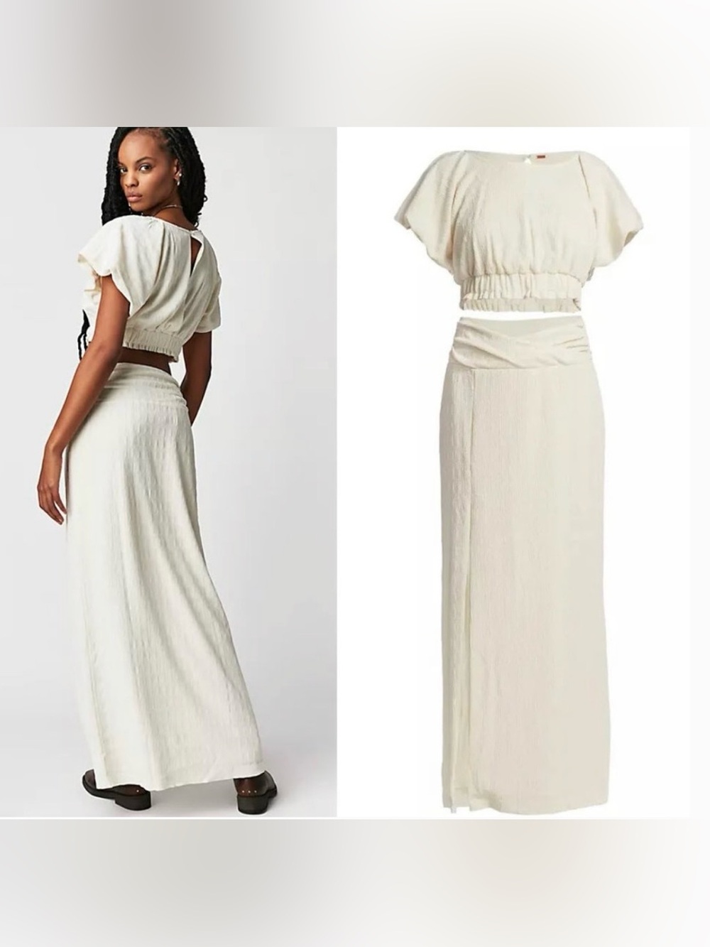 Free People Tovah Crop Top & Maxi Skirt Set in Cream Color Resortwear Size Large